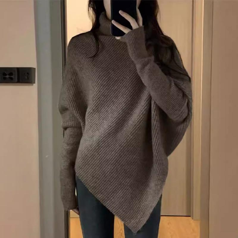 Women's Pure Wool Thickened Turtleneck Sweater, Irregular Loose Knit, Cozy Autumn/Winter Style