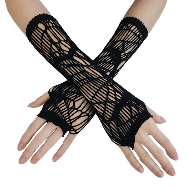 Black Sexy Fishing Net Hollow Out Fingerless Gloves Nightclub Party Performance Elastic Hollow Out Punk Long Arm Cover