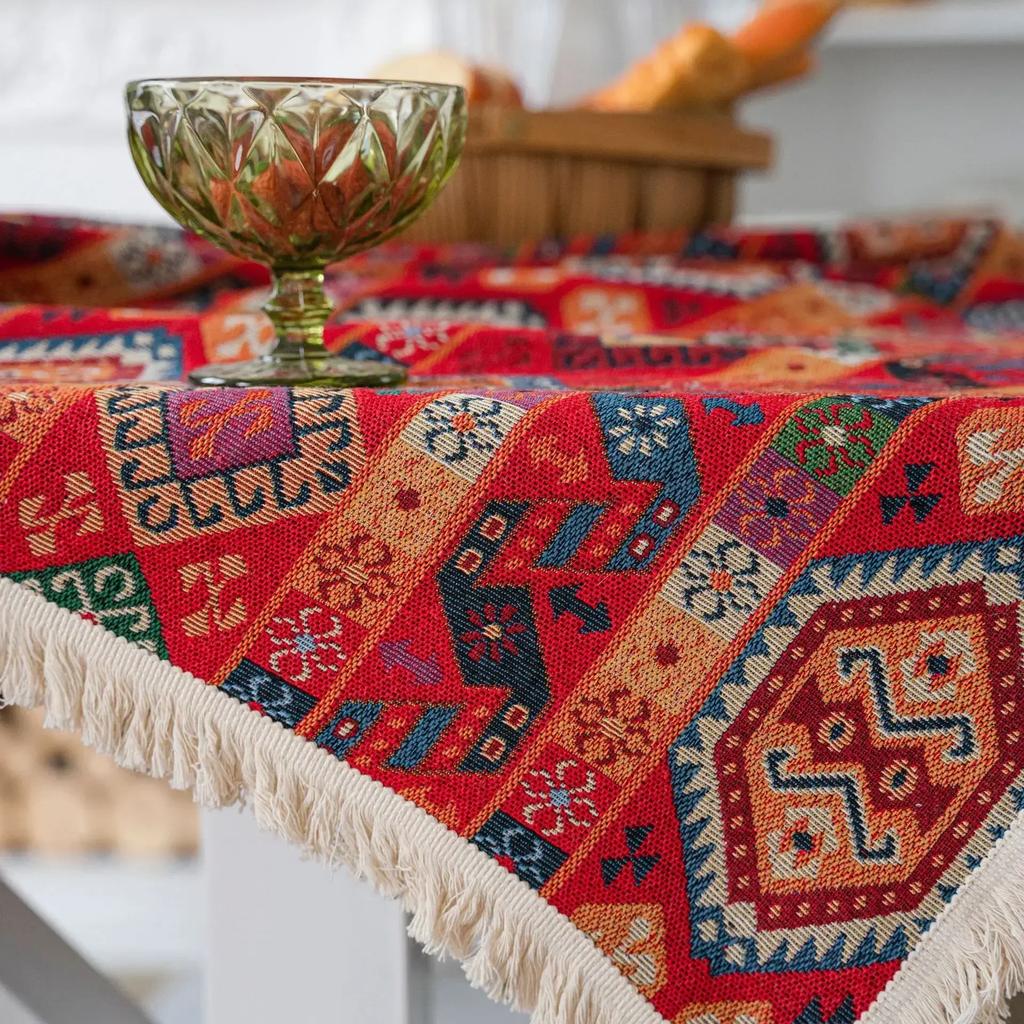 Kwastrand Katoen Linnen Tafelkleed Rood Feestdagen Jacquard Eettafelkleed Bloempatroon Stofdicht Tafelkleed Achtergronddoek