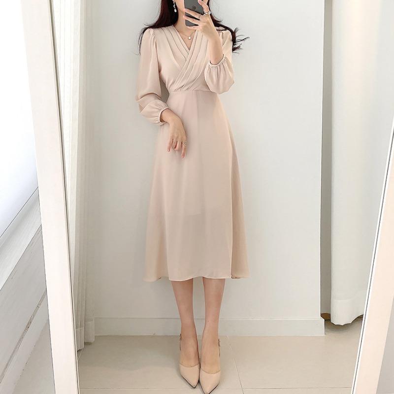 Nuovo Elegante Vestito Avvolgente Scollo a V Lunghezza Media Manica Lunga a Palloncino Linea ad A Svolazzante Vita Alta Vestito in Chiffon Adatto per il Lavoro e l'Uso Quotidiano Casual
