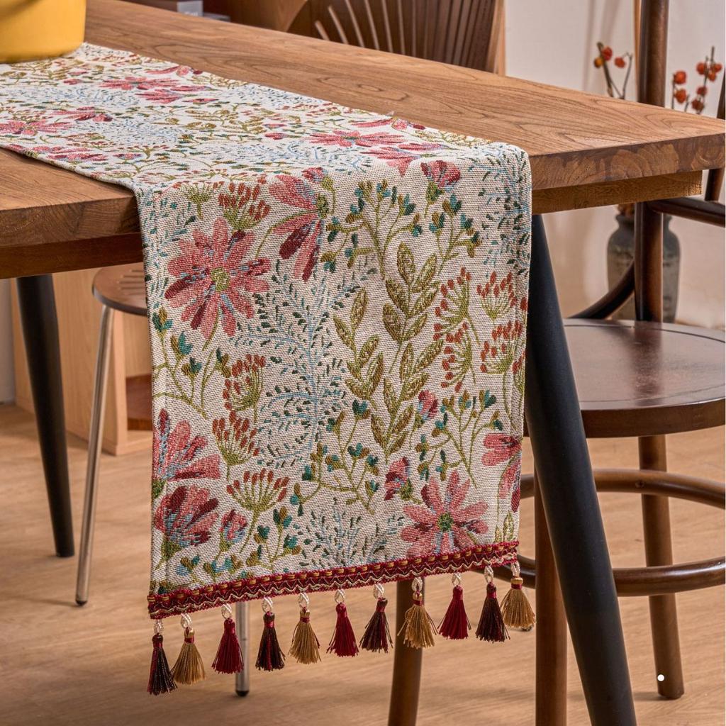 Colorful Flower Jacquard Table Runner with Tassel Kitchen Dining Table Decoration Embroidered Table Runner for Home Party Decor