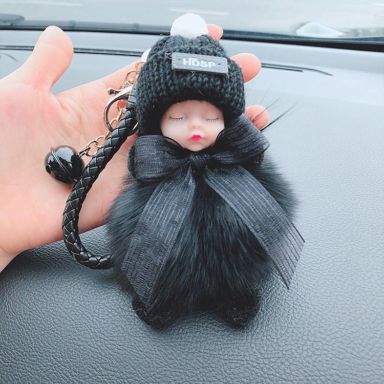 Korean Bow Keychain: Squinting Doll with Fox Fur Pendant - A Unique Japanese and Korean Gift