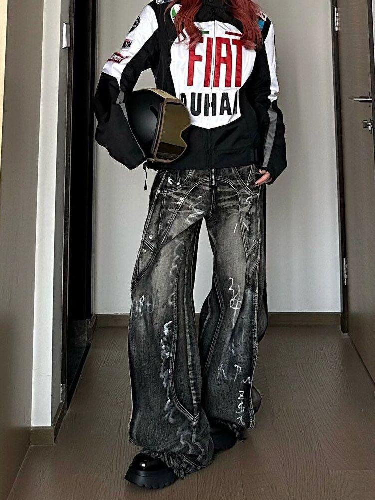 Unisex Retro Graffiti Wide-Leg Jeans: American High-Street Style