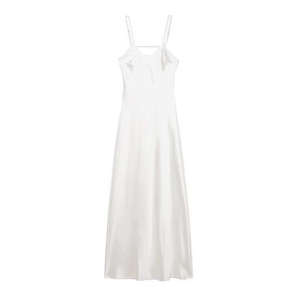 European Women's Fashion: Silk Satin Midi Slip Dress with Decorative Style