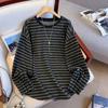 Plus Size Velvet Color Block Striped T-shirt: Korean Style, Long Sleeve, Loose Fit, Slimming & Warm Women's Top