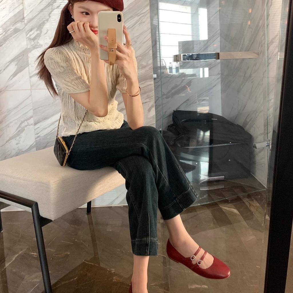 Cowhide Version of Grape Mother, the Same Round Head Double Buckle Belt, Genuine Leather Mary Jane Shoes, Women's Commuting Low Heel Flat Sole
