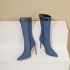 Zimowe Damskie Kozaki do Połowy Łydki Czarne Niebieskie Denim Wysokie Cienkie Obcasy Punk Sukienka Biuro Panie Szpiczasty Nosek Klamra Pasek Zamek Błyskawiczny Półbuty