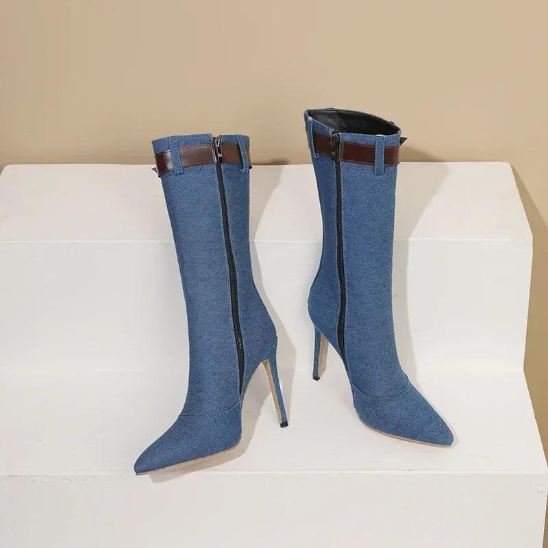 Zimowe Damskie Kozaki do Połowy Łydki Czarne Niebieskie Denim Wysokie Cienkie Obcasy Punk Sukienka Biuro Panie Szpiczasty Nosek Klamra Pasek Zamek Błyskawiczny Półbuty