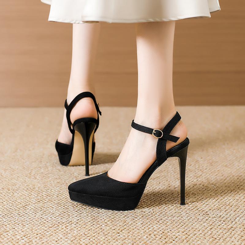 Fashion Suede Leather 12cm High Heels Thin Heel Pointed Toe Mid Hollow Slingbacks Shoes Womens Waterproof Platform Party Prom Shoes
