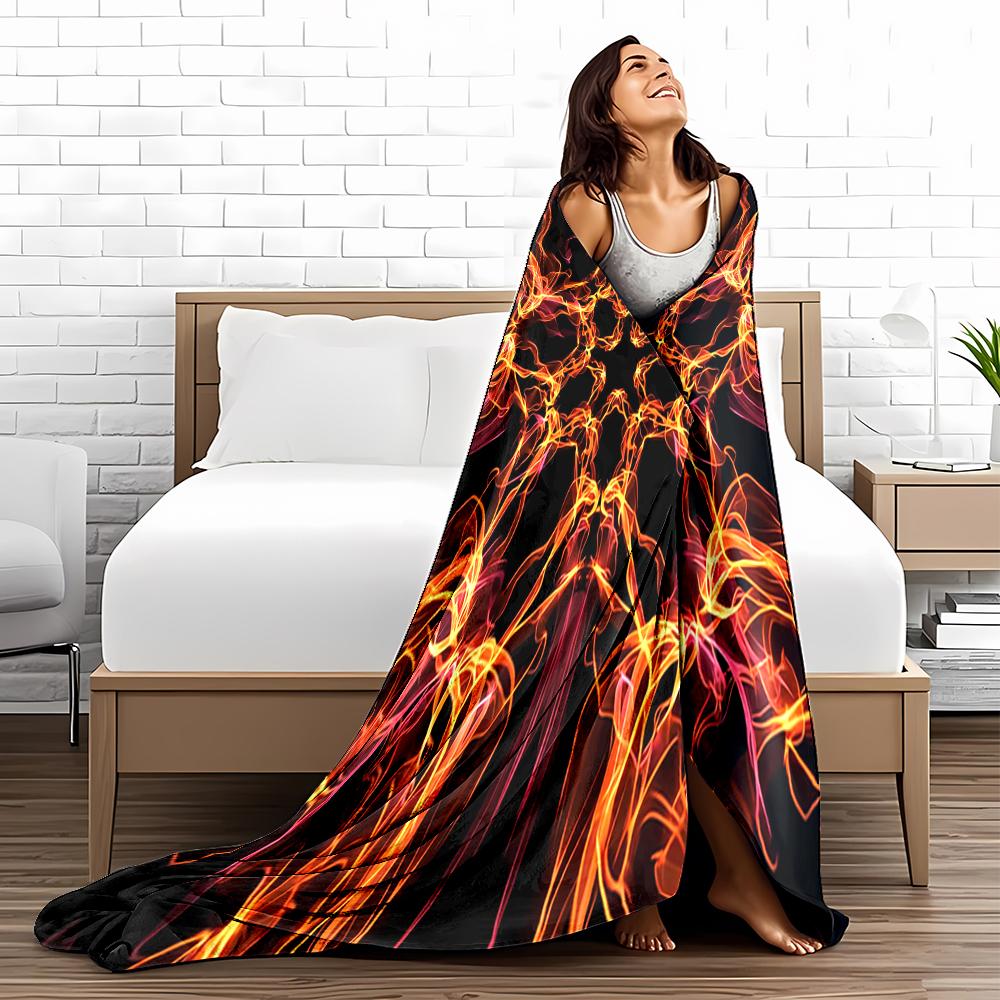 Fiery Abstract Symmetrical Blanket with Black and Orange Design Pattern Blanket, Suitable for Use In the Bedroom, Living Room, On the Sofa