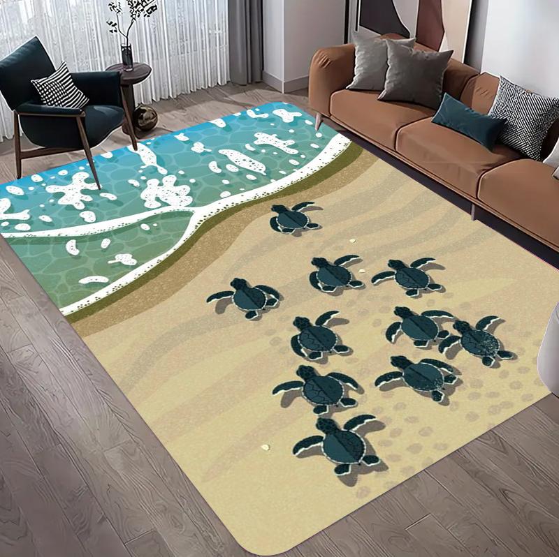 Coastal Beach Area Rug Cartoon Ocean Wave Manta Design Soft Washable Floor Mat for Nautical Living Bedroom Kids Playroom