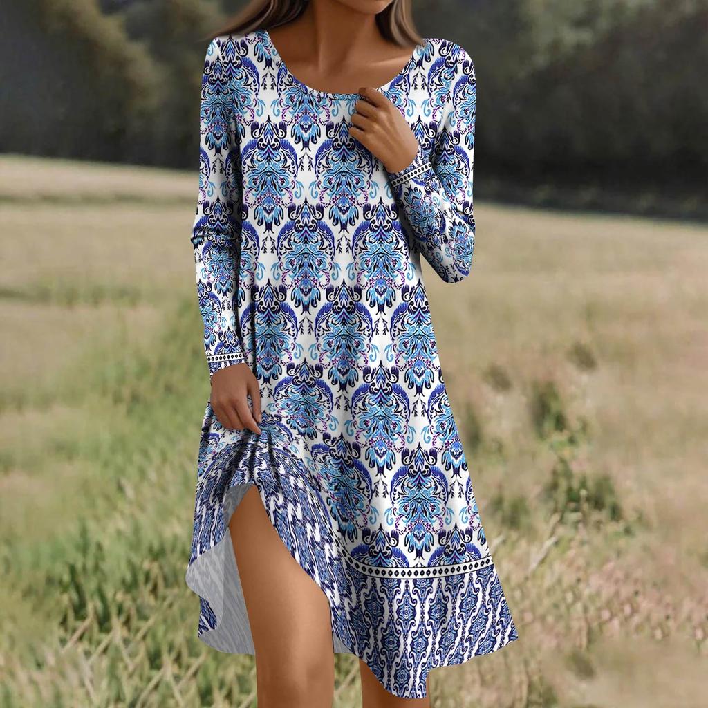 Langärmeliges Kleid für Damen Lässiges Locker sitzendes Druckkleid mit Taschen