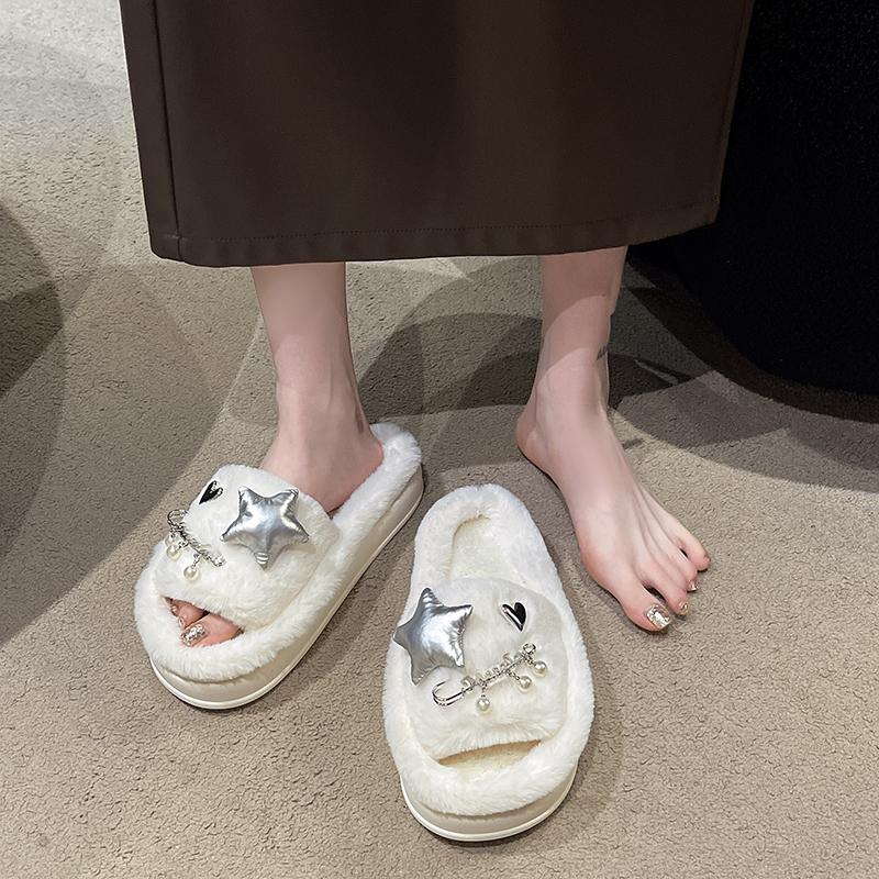 Модные зимние новые женские домашние однотонные тапочки из хлопка с жемчужной звездой — фото 3