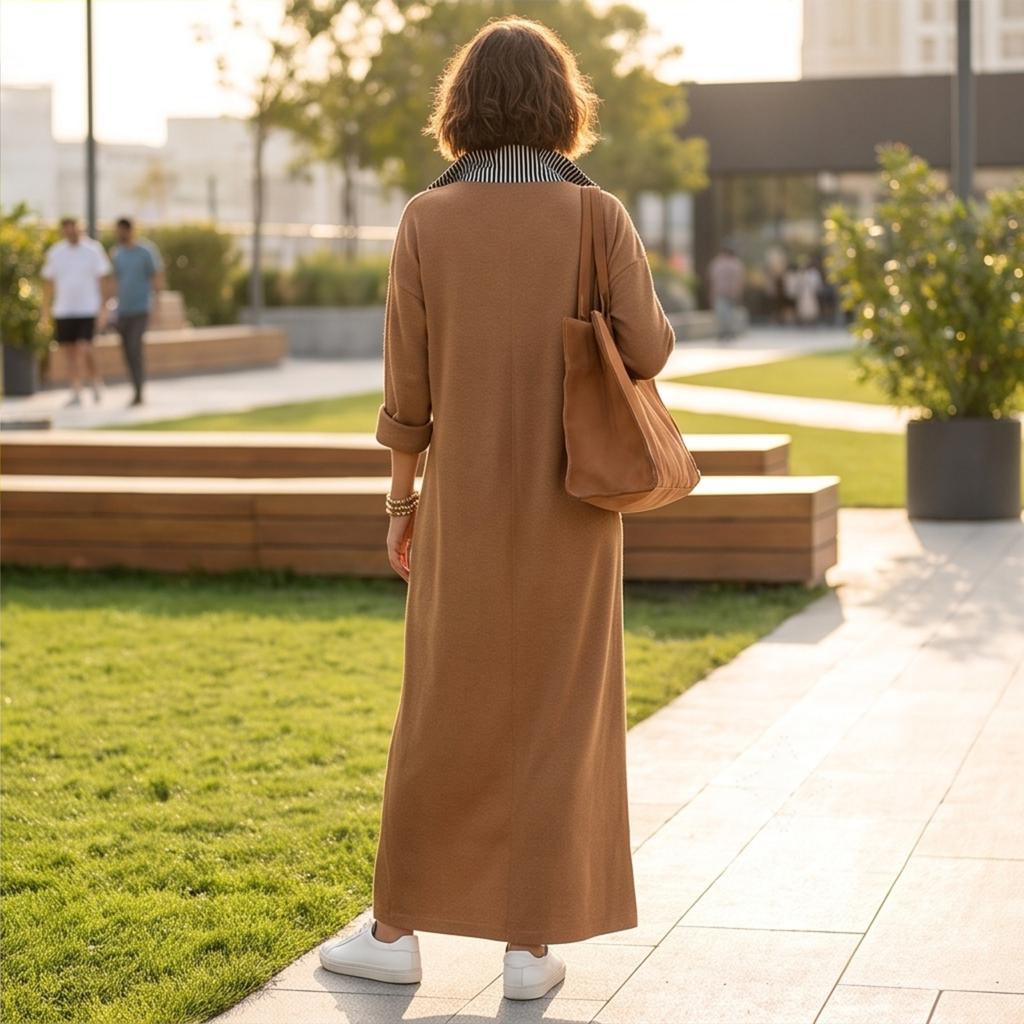 Women's Elegant Lapel Collar Long Sleeve Loose Fit Knit Maxi Dress