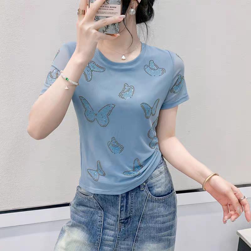 New Slim Mesh Positioning Hot Diamonds Butterfly T-shirt Women's Summer Short Sleeved Tops Sexy Girl Casual Streetwear Tees Clothes