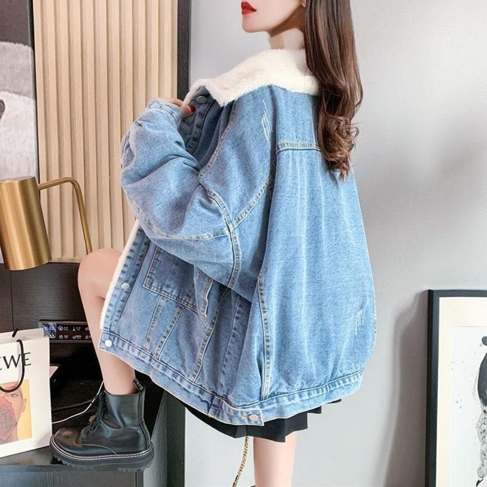 Women’s Fleece-Lined Denim Jacket, Loose Korean Style, Trendy 2025 Autumn/Winter Cardigan