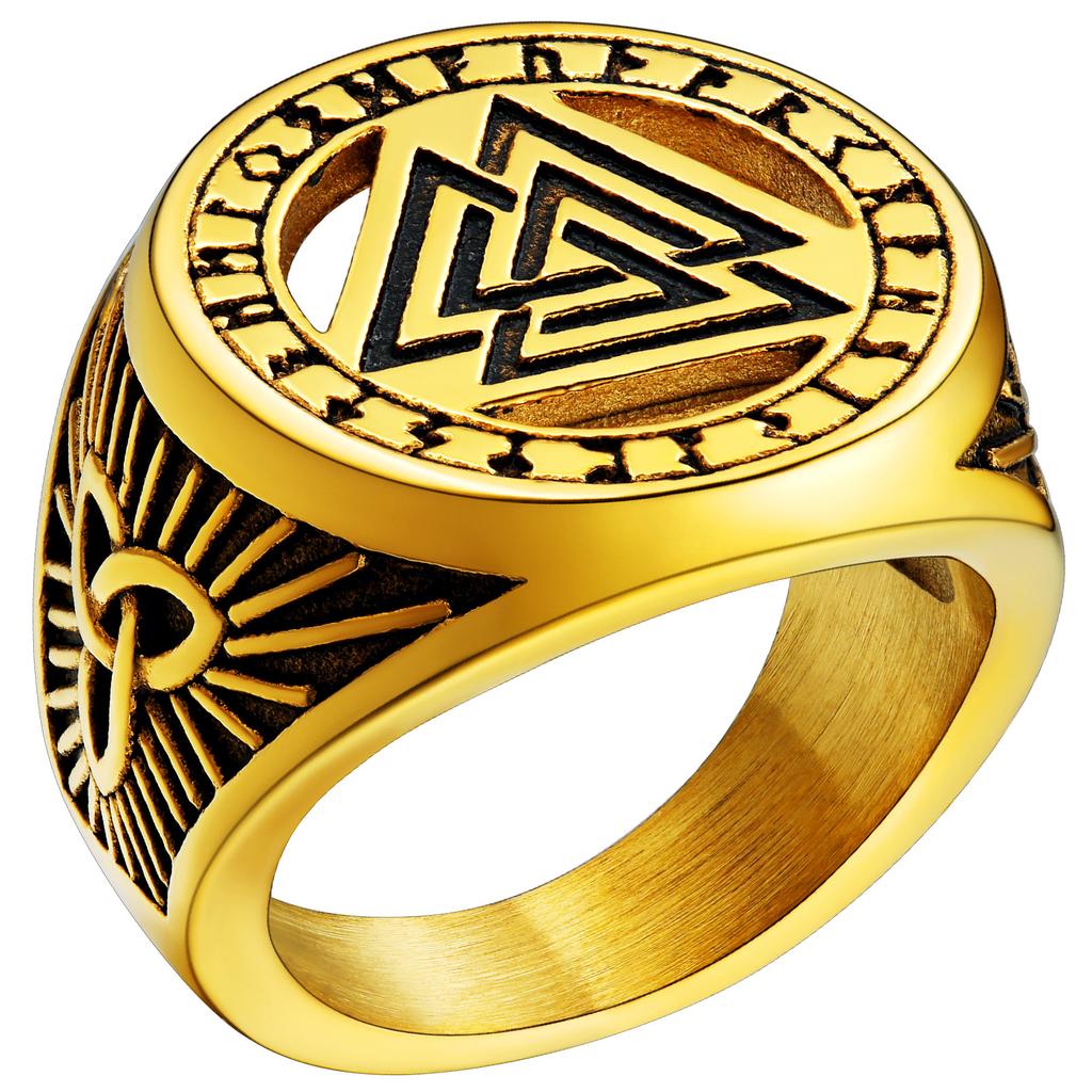 Big Signet Rings for Man Norse Viking Runes Valknut Wolf Head Triquetra Onyx Agate Size 7-14 Jewelry Gift for Him