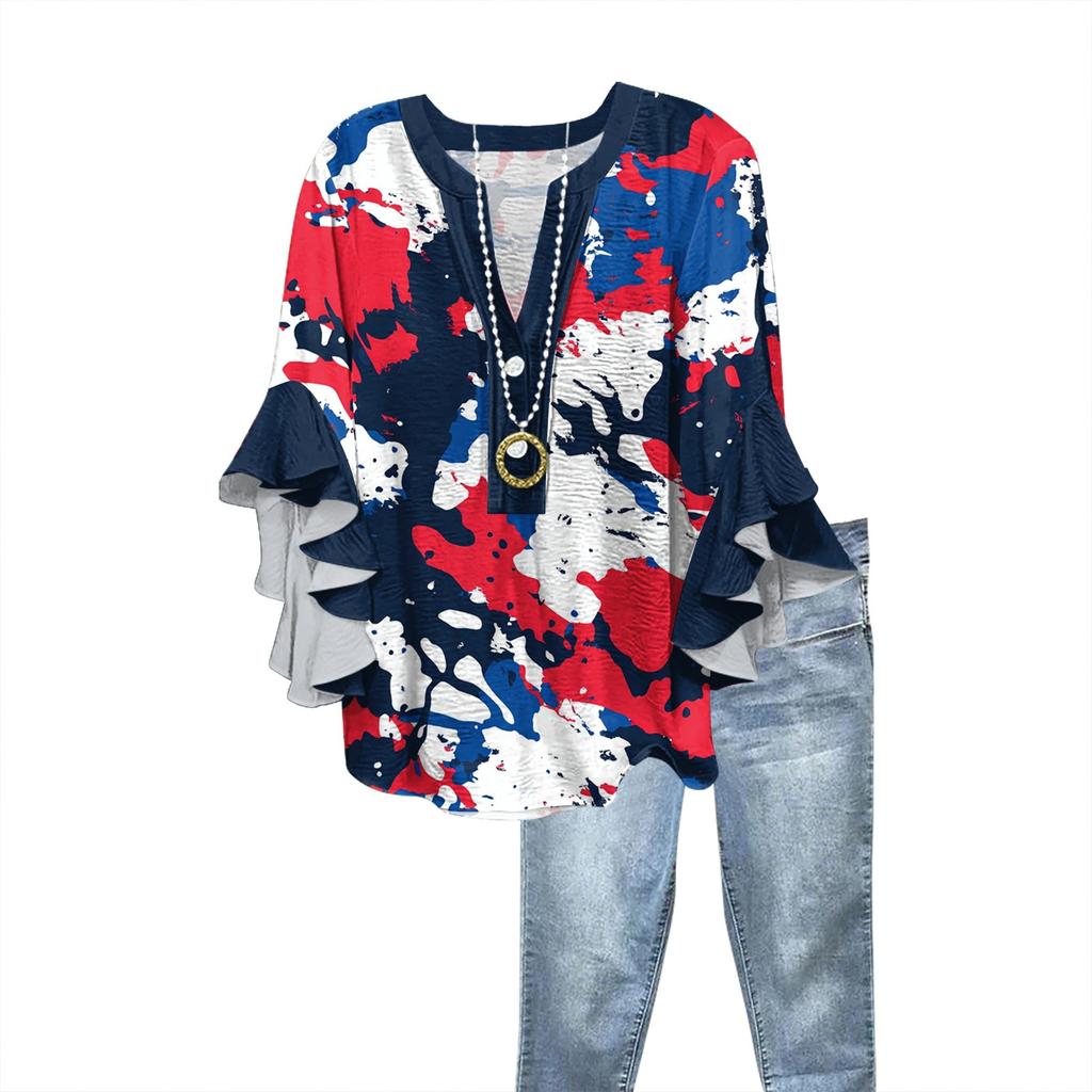 Summer Tops For Women Cute V Neck 3/4 Sleeve Blouses Print Top Casual Shirts