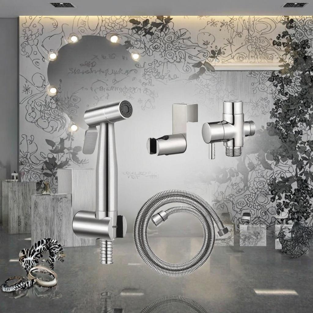 12pcs Stainless Steel Handheld Bidet Sprayer Set Modern Toilet Faucet Adjustable Pressure Diaper Sprayer Brushed Bathroom Hose