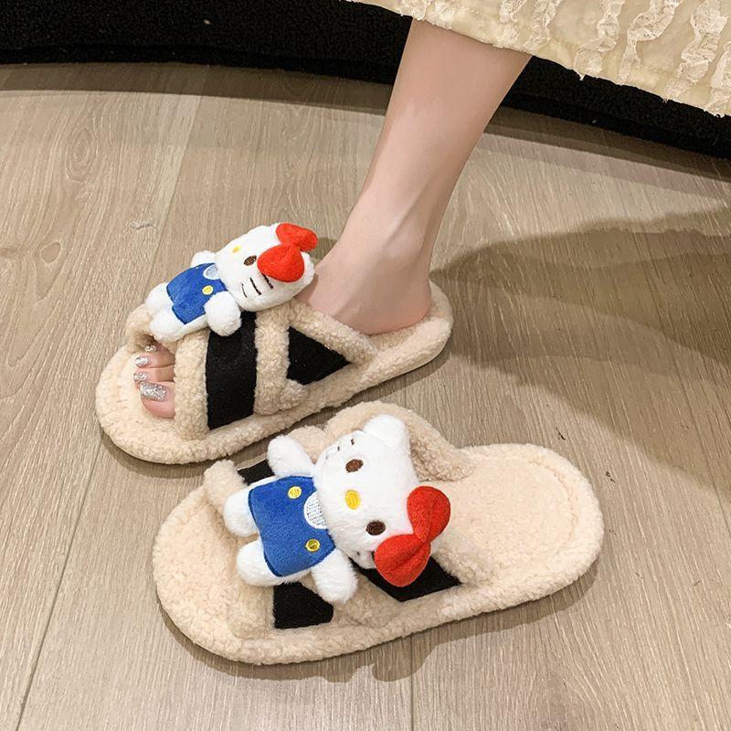 Versatile non-slip fluffy cotton slippers for women wearing cute cartoon one-word slippers for women