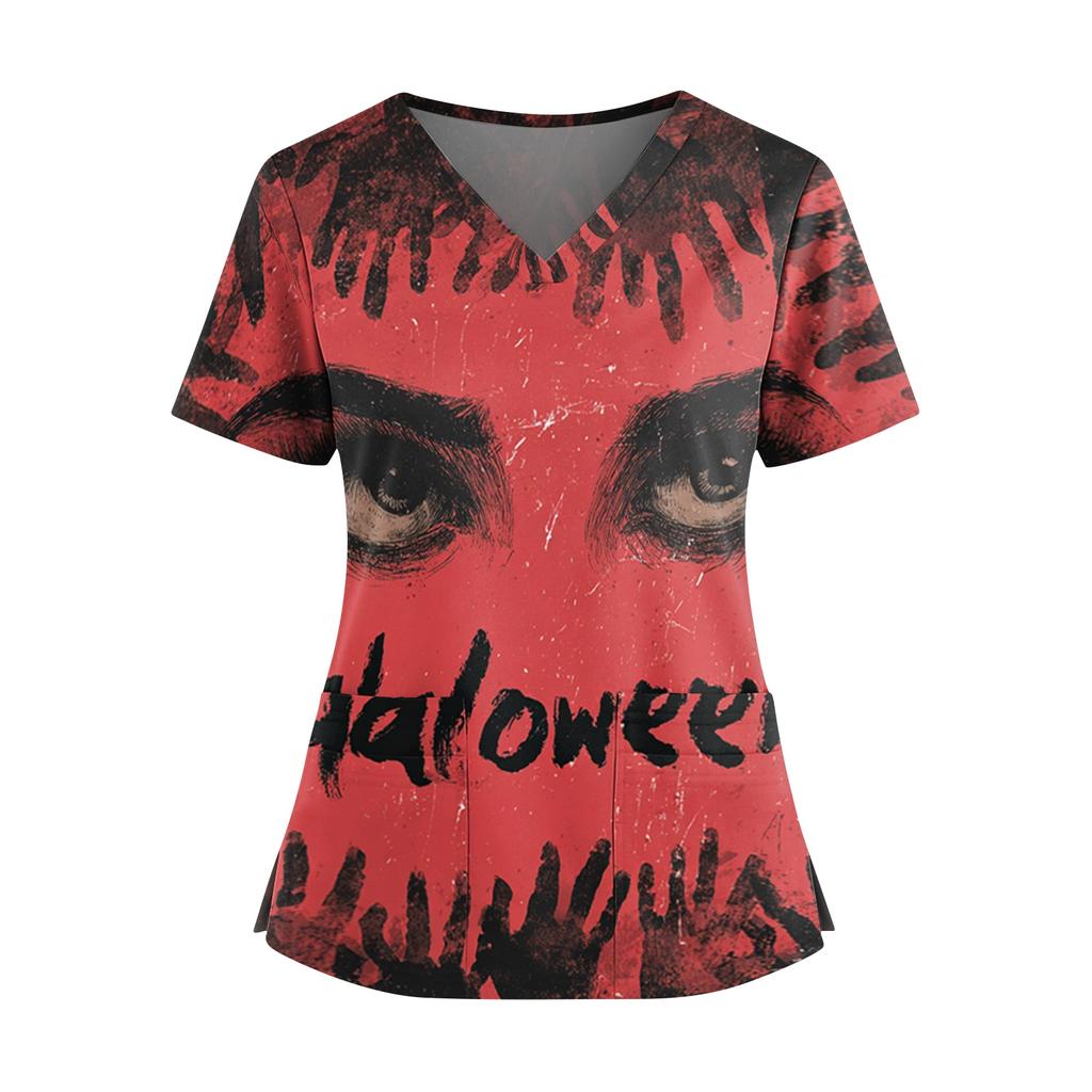 Damen Halloween Print V-Ausschnitt Kurzarm Kasack mit Doppeltaschen und Seitenschlitz