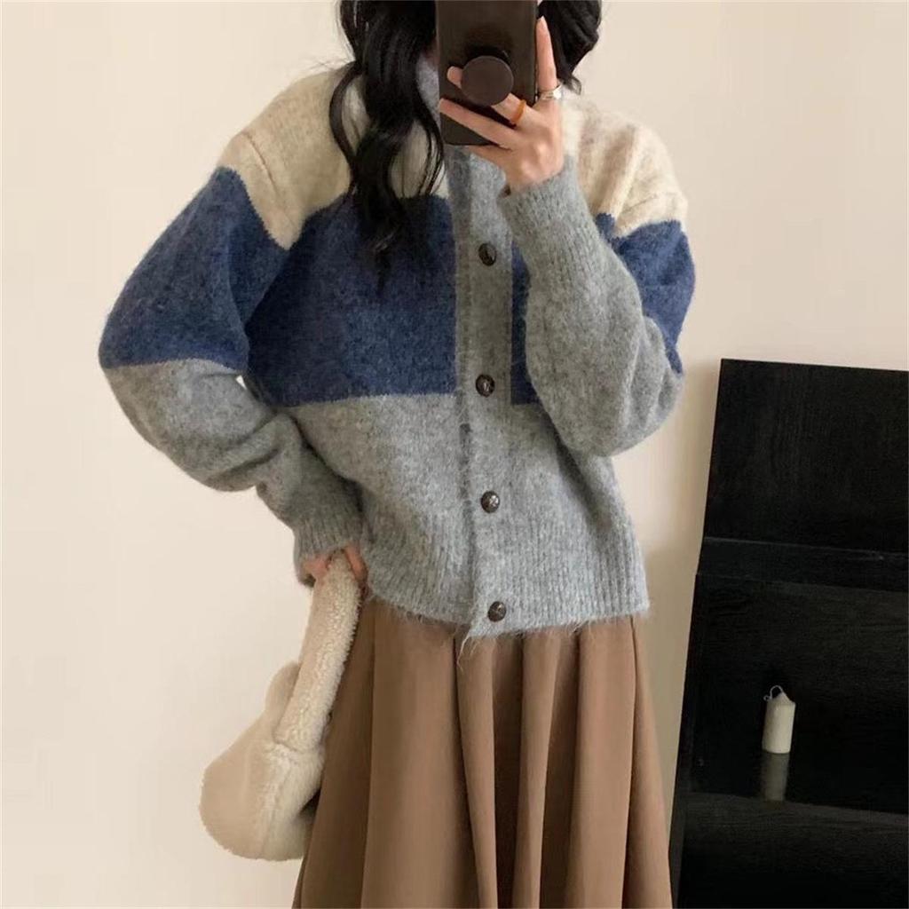 Autumn/Winter 2025 Women's Retro Color Block Striped Knit Cardigan Sweater Coat