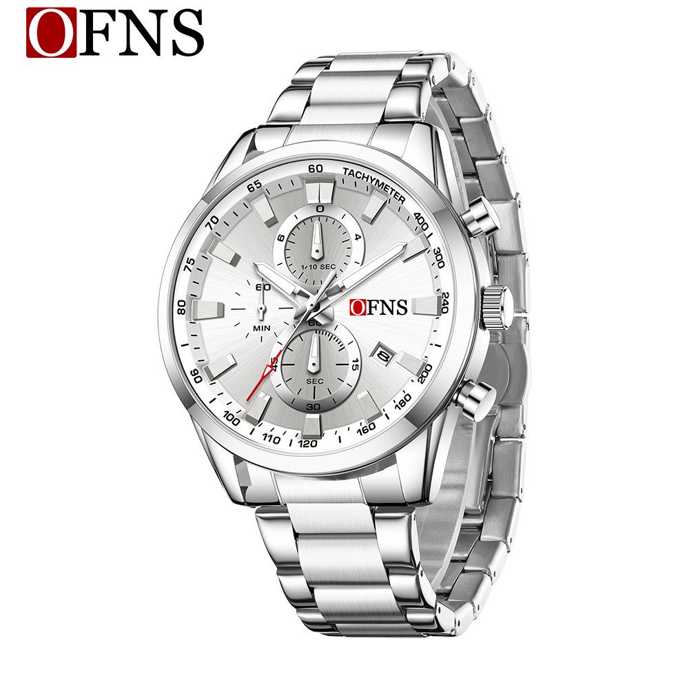 OFNS Cross-Border Men's Multifunctional Luminous Watch with Calendar and Sunburst Dial, Three Eyes, Six Hands, Waterproof.