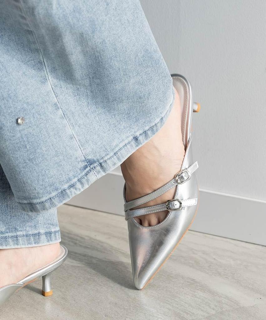Randa Double Strap Pointed Toe Mule Pumps ED35194 SILVER L