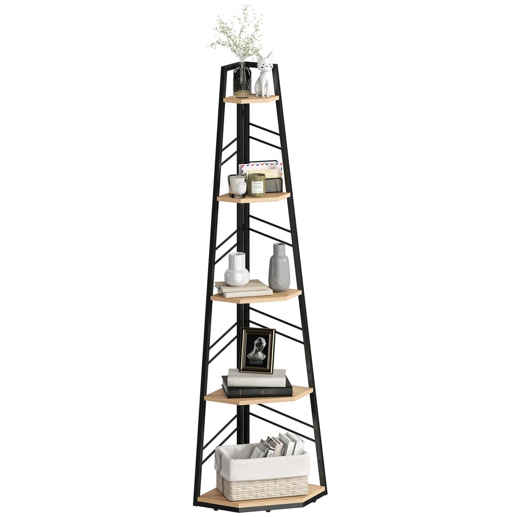 Corner Bookcase, 5-Tier Floor Standing Bookshelf, Shelving Unit for Living Room, Study, Bedroom, Natural Wood Finish