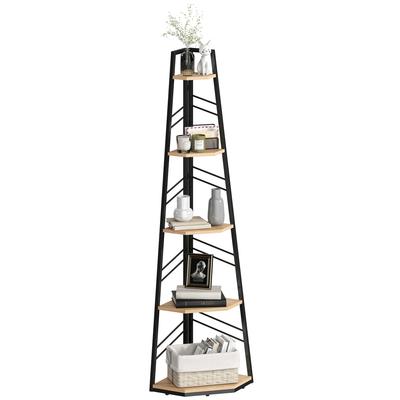 Corner Bookcase, 5-Tier Floor Standing Bookshelf, Shelving Unit for Living Room, Study, Bedroom, Natural Wood Finish