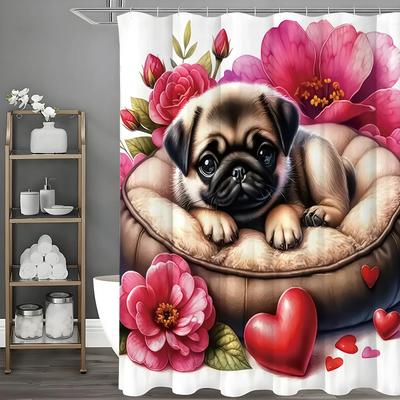 Cute Dog Flower Love Shower Curtain, Bathroom Decorative Shower Curtain, Waterproof Shower Curtain With Hooks