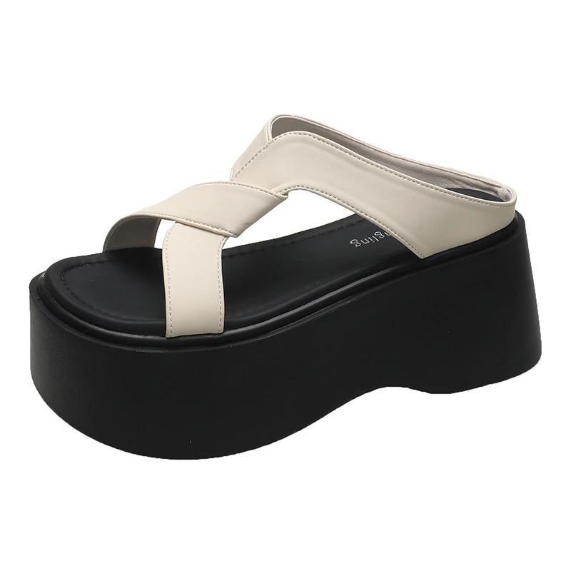 Letnie Klapki Damskie Klapki Plażowe Damskie Grube Skórzane Buty Sandały na Koturnie Zewnętrzne Damskie Klapki na Wysokiej Platformie 8CM