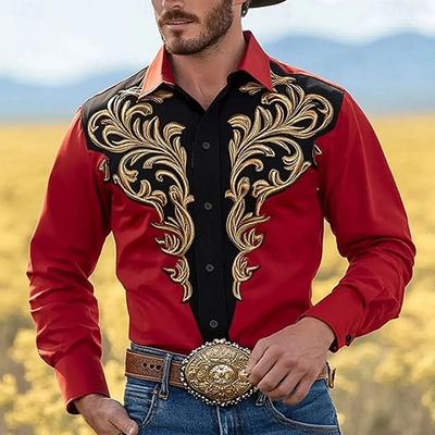 Western Retro Long Sleeved Shirt with Soft Four Sided Stretch Print Anti Wrinkle Casual Men's Shirt