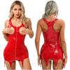 Women Open Cup Patent Leather Mini Dresses with Garter Clips Sleeveless Zipper Hollow Out Dress Wet Look Party Clubwear