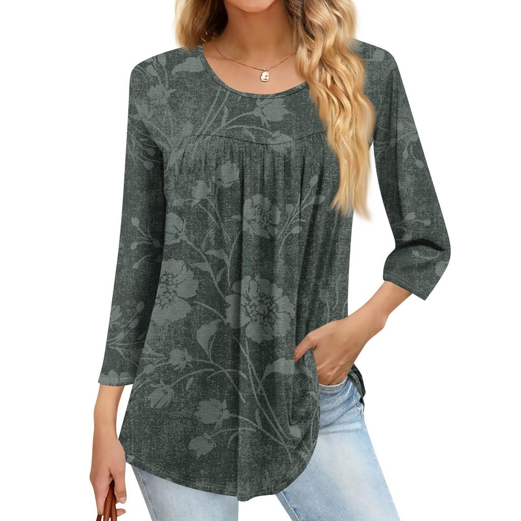 Women's Fashion Casual Three-quarter Sleeve Printed Round Neck Top