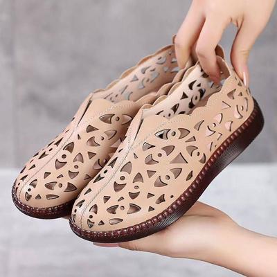 Ausgeschnittene Damenschuhe Neue Sommersandalen Runde Zehenpartie Rutschfeste Flache Lederschuhe Zehenschuhe