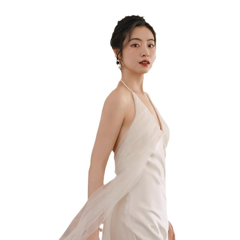 Korean Light Wedding Dress Champagne Morning Gown Dress 1011 Summer New Bridal Travel Photo Neck Sling Wedding Dress