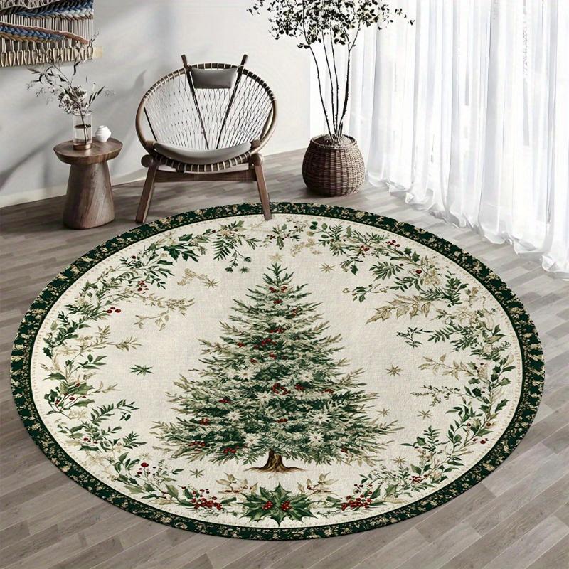 1pc Festive Christmas Tree Pattern Round Rug, Non-slip Floor Mat for Living Room, Bedroom, Bathroom, Holiday Home Decoration