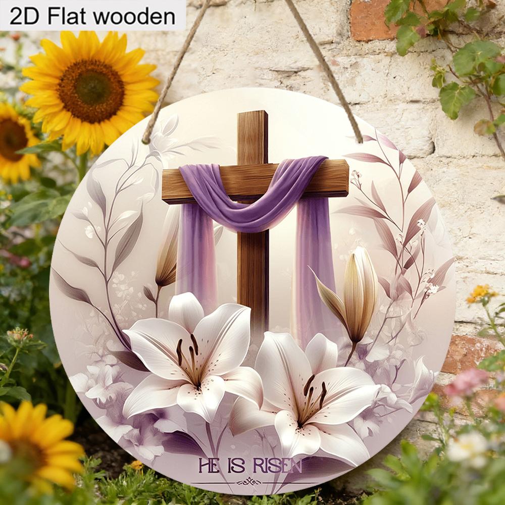 2D Flat, 1pc Easter Sign White Lily Flowers and Cross Wooden Ornaments 7.87x7.87inch Round Wall Art Decor Plaque Easter Decoration Perfect for Front