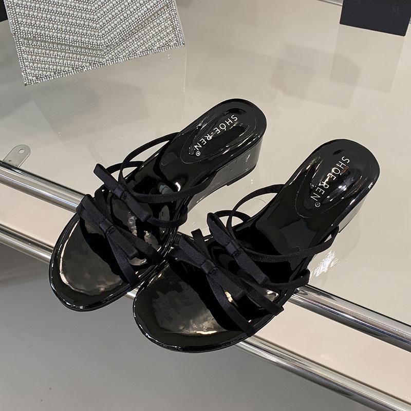 Fashion Fashion Butterfly-Knot Women Wedges Slippers Spring Summer Round Toe Ladies Heeled Slippers Shoes Female Slides Sandals Pumps