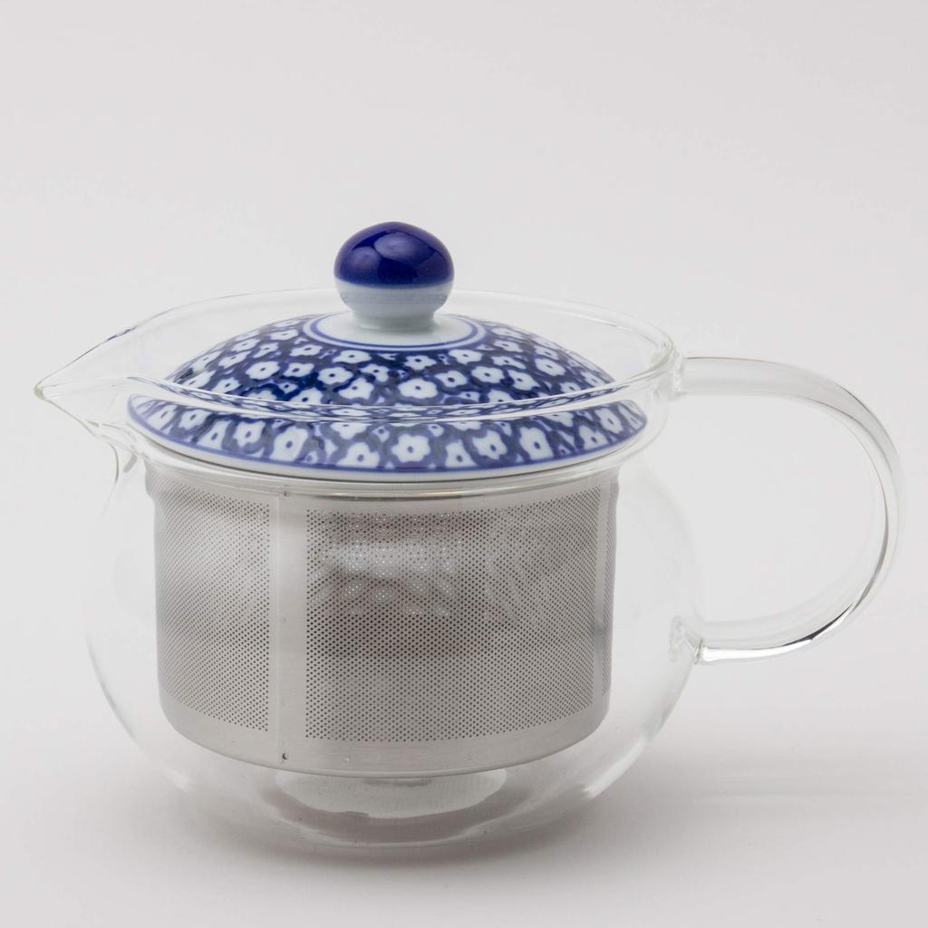 Hasami-yaki Glass Pot with Blue Milk Pattern (Super Stainless Steel with Tea Strainer), 375ml Capacity, Product Number: 73588