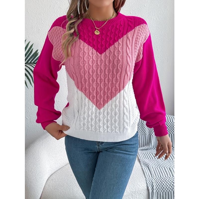 [Color Block Rundhals-Pullover] Color Block Rundhals-Pullover, Eleganter Langarm-Pullover für Herbst & Winter, Damenbekleidung
