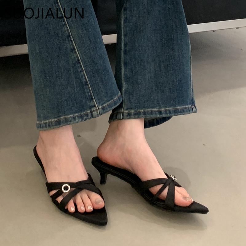 Fashion SUOJIALUN 2025 Summer New Women Slipper Fashion Pointed Toe Open Toe Ladies Elegant Slides Thin Low Heel Outdoor Dress Sandal