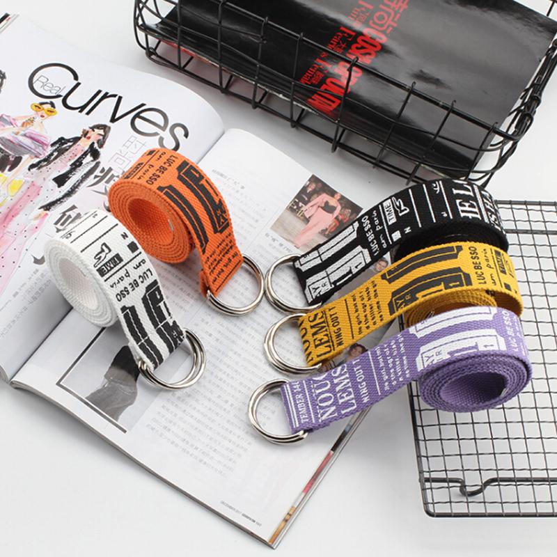 Ladies Belt Punk Street Letter Print Double D Ring Canvas Long Belt EMA