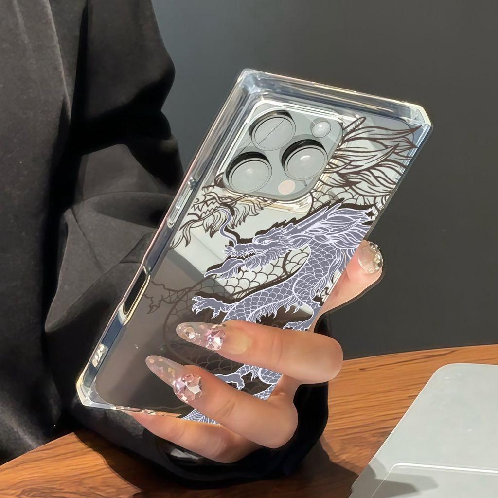 Transparent Square Back Tube Case Casing Protection For iPhone 15 Plus 12 11 14 Pro Max 16 ProMax 13 Anti-Oxygen,Line Dragon Pattern