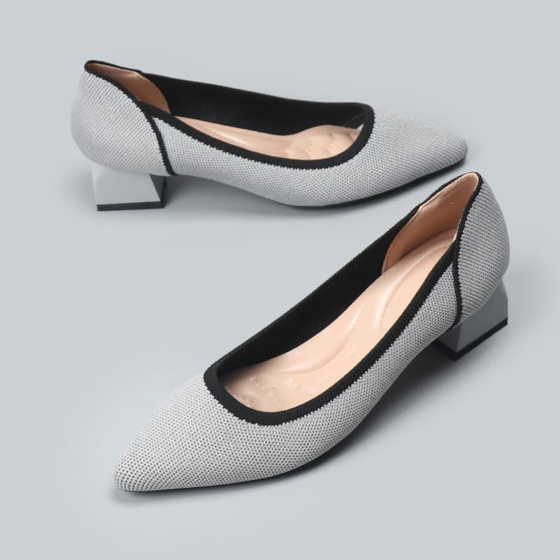 Frühling und Herbst spitze fliegende gestrickte Einzelschuhe mittlerer Absatz gestricktes Fluggarn gestrickte Damenschuhe dicker Absatz