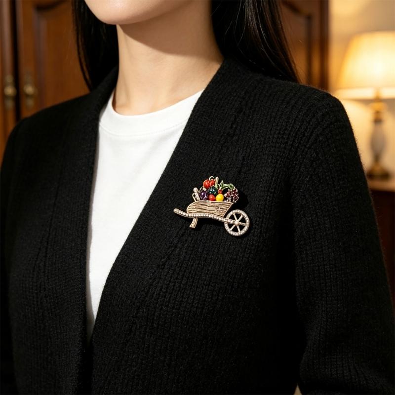 Harvest Wheelbarrow Brooch with Pumpkin and Vegetable Design, Antique-Look Alloy Pin with Raised Multicolor Details for Sweaters and Coats