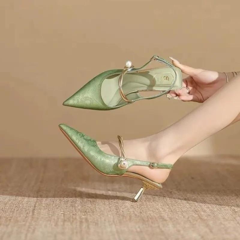 2024 New Summer Fashion Pointed Toe Pearl Shoes Women Sexy Women Sandals High Heels Banquet Women Shoes