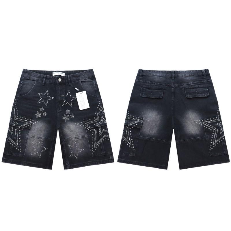 Mens Distressed Denim Shorts With Star Rhinestone Embellishment Utility Pocket Design Slim Fit Cotton Short Pants Streetwear