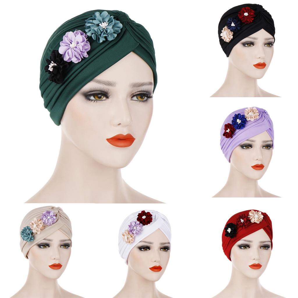 Women Solid Floral India Hat Muslim Ruffle Cancer Chemo Beanie Turban Wrap Cap